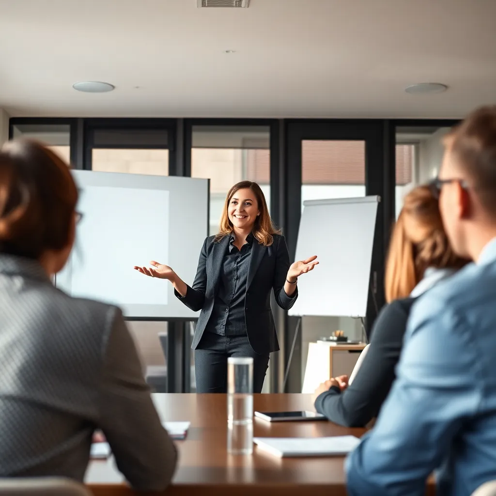 Professionele vrouw geeft presentatie voor zakenpartners