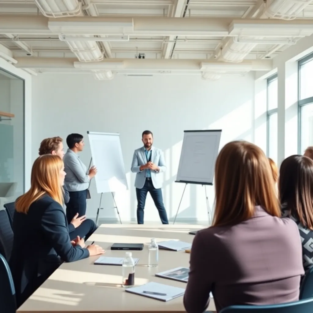 Groep professionals tijdens interactieve presentatie workshop