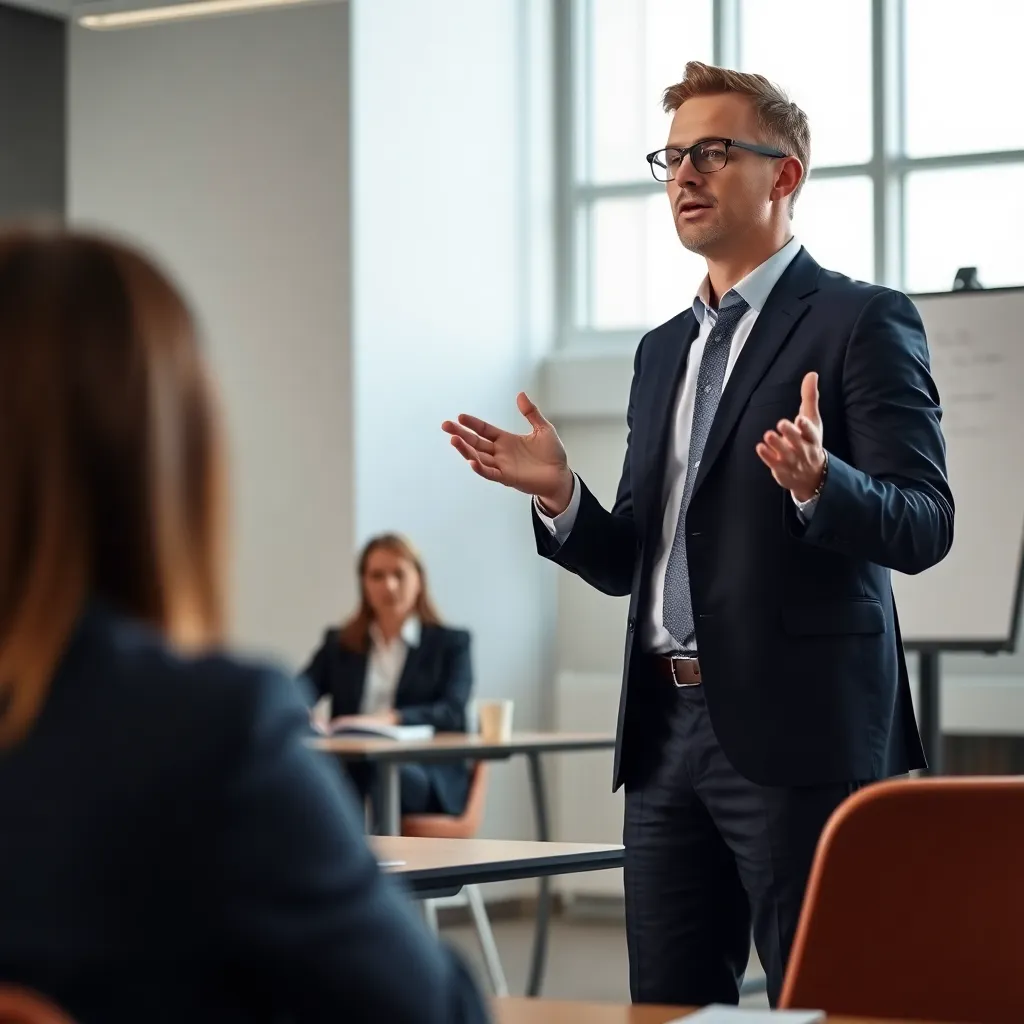 Professionele spreker demonstreert open lichaamshouding tijdens presentatie