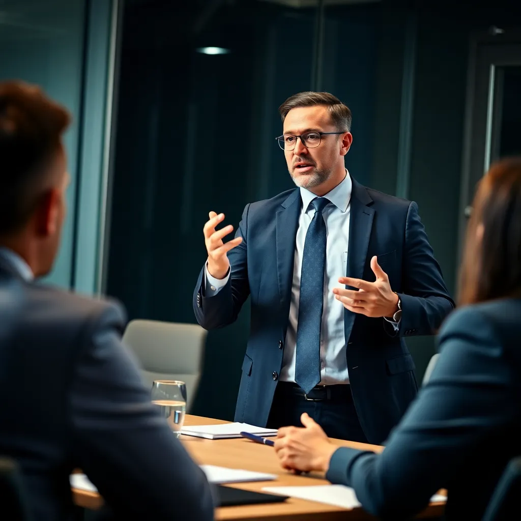 Zakelijke man gebruikt effectieve handgebaren tijdens presentatie