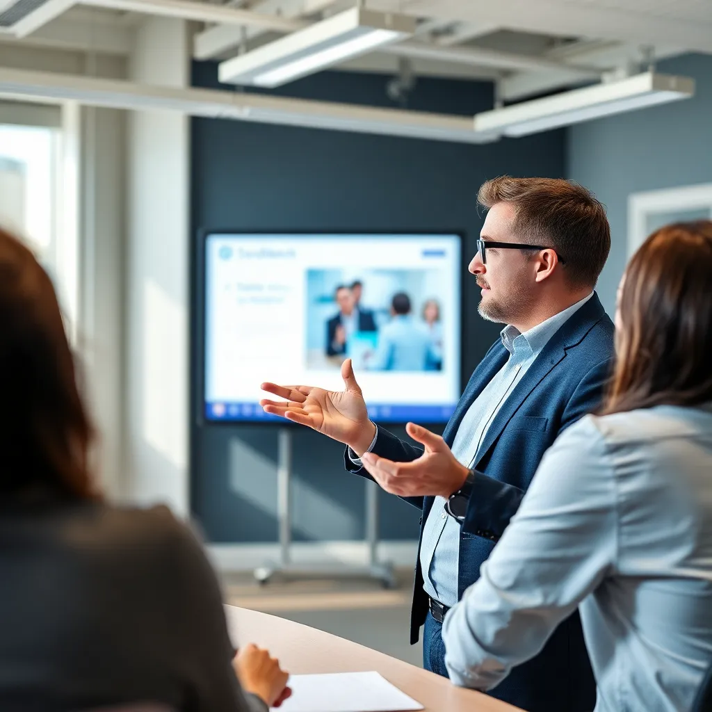 Zakenman gebruikt precisiegerbaar tijdens boardroom presentatie