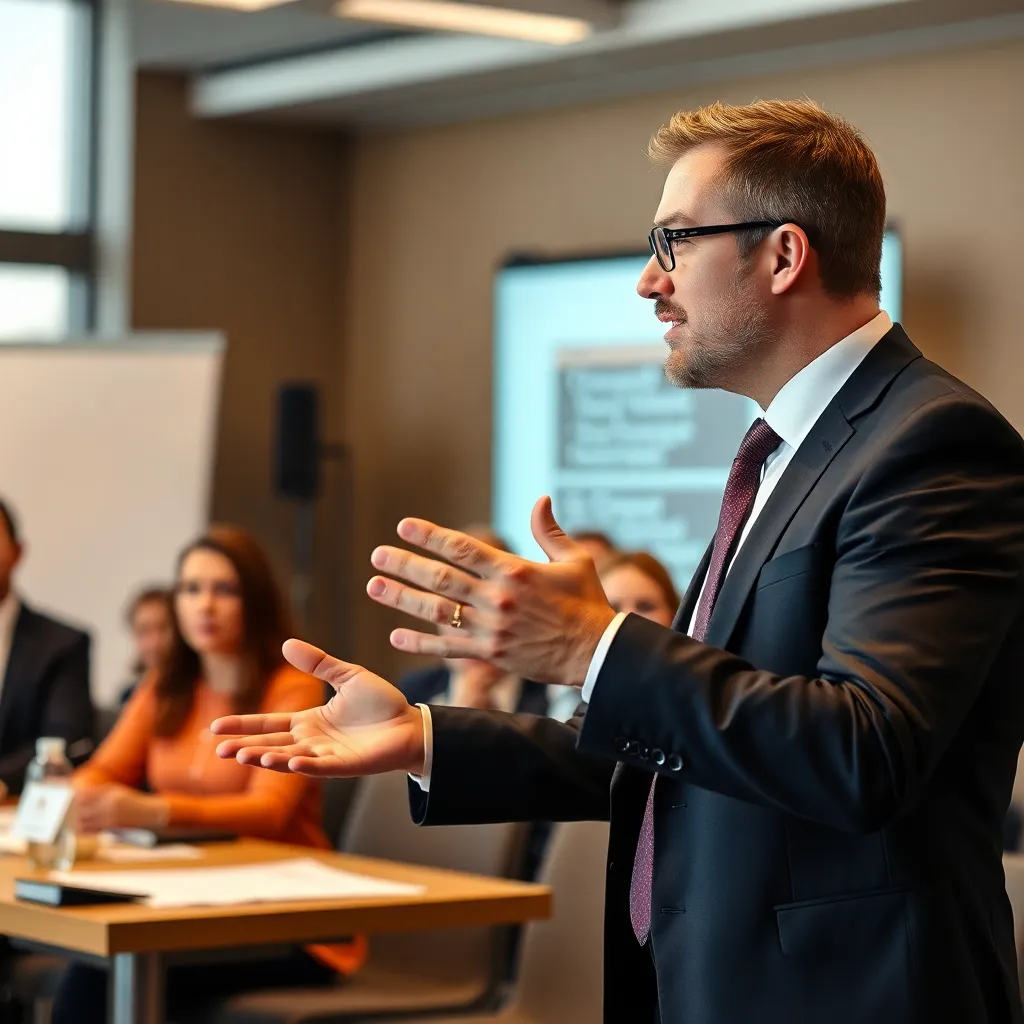 Professionele spreker demonstreert effectieve lichaamstaal